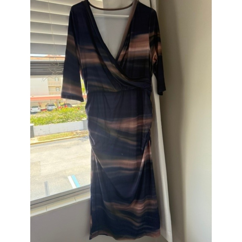 Womens Abstract Stripe Ruched Faux Wrap Midi Dress Navy Mauve 3/4 Sleeve V-Neck